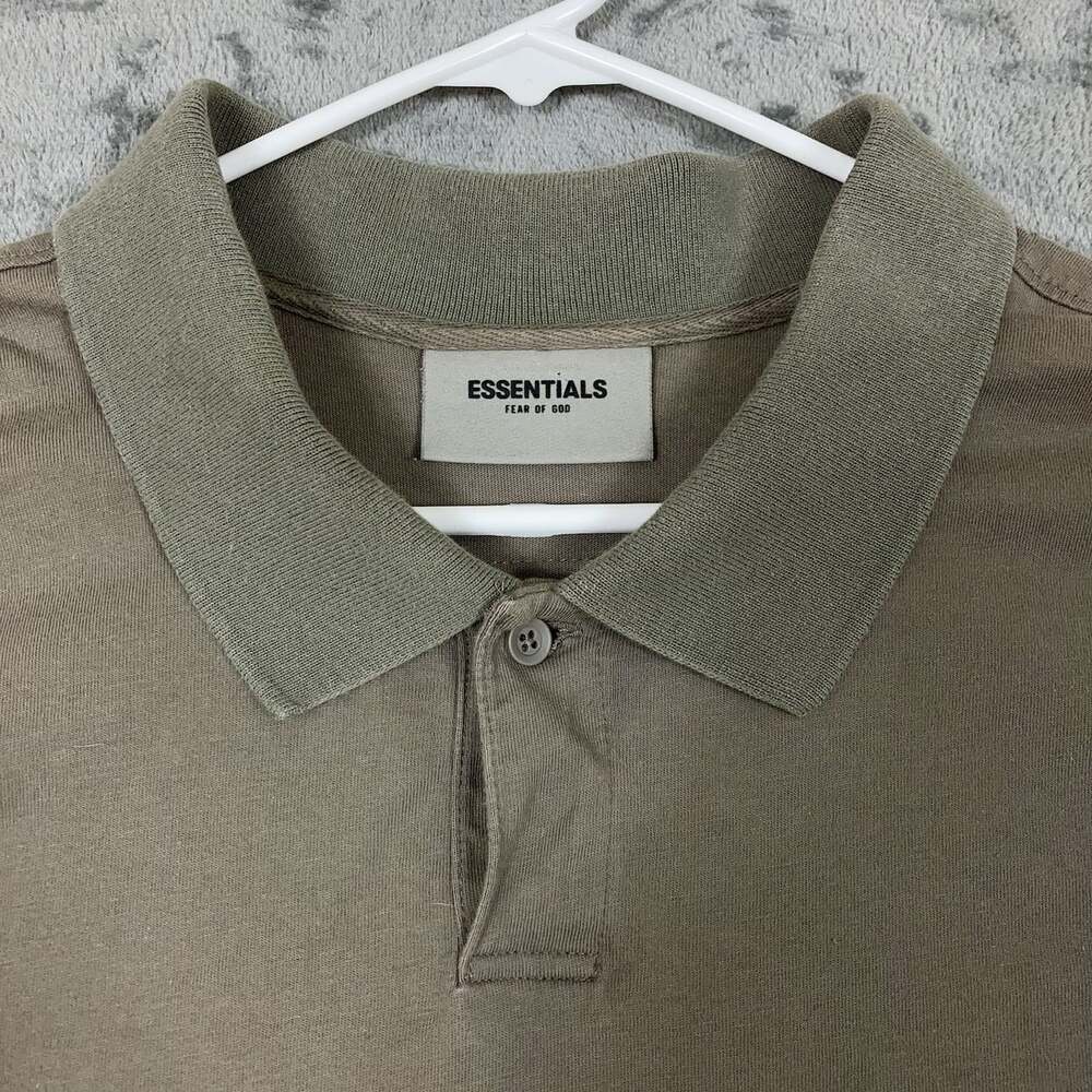 Essentials Fear of God Mens Logo Polo Shirt Taupe Olive Green XL Short Sleeve - Picture 2 of 10